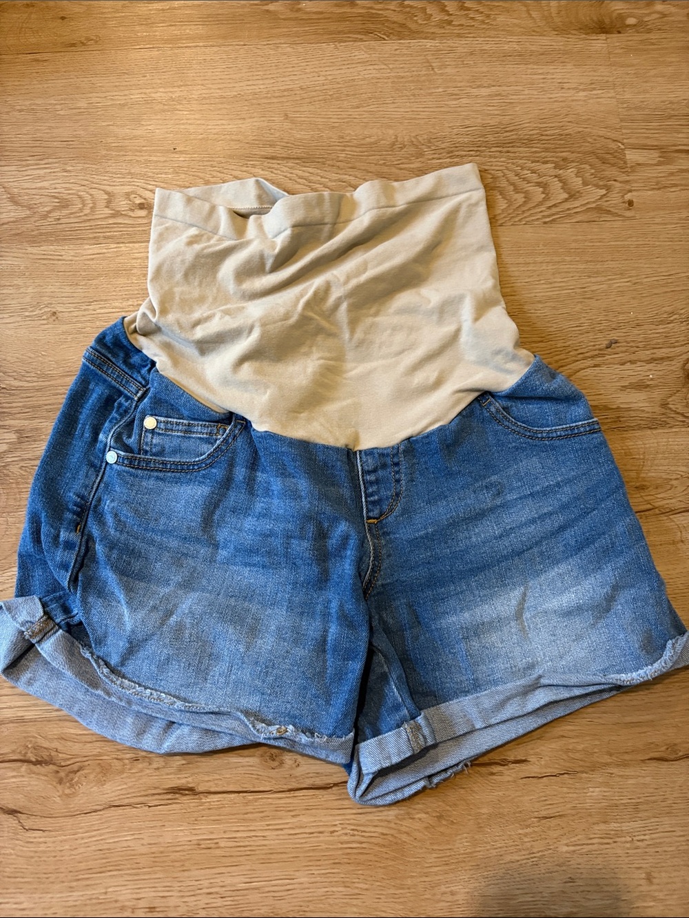 Indigo Blue Denim Maternity Shorts with Beige Stretch Waistband